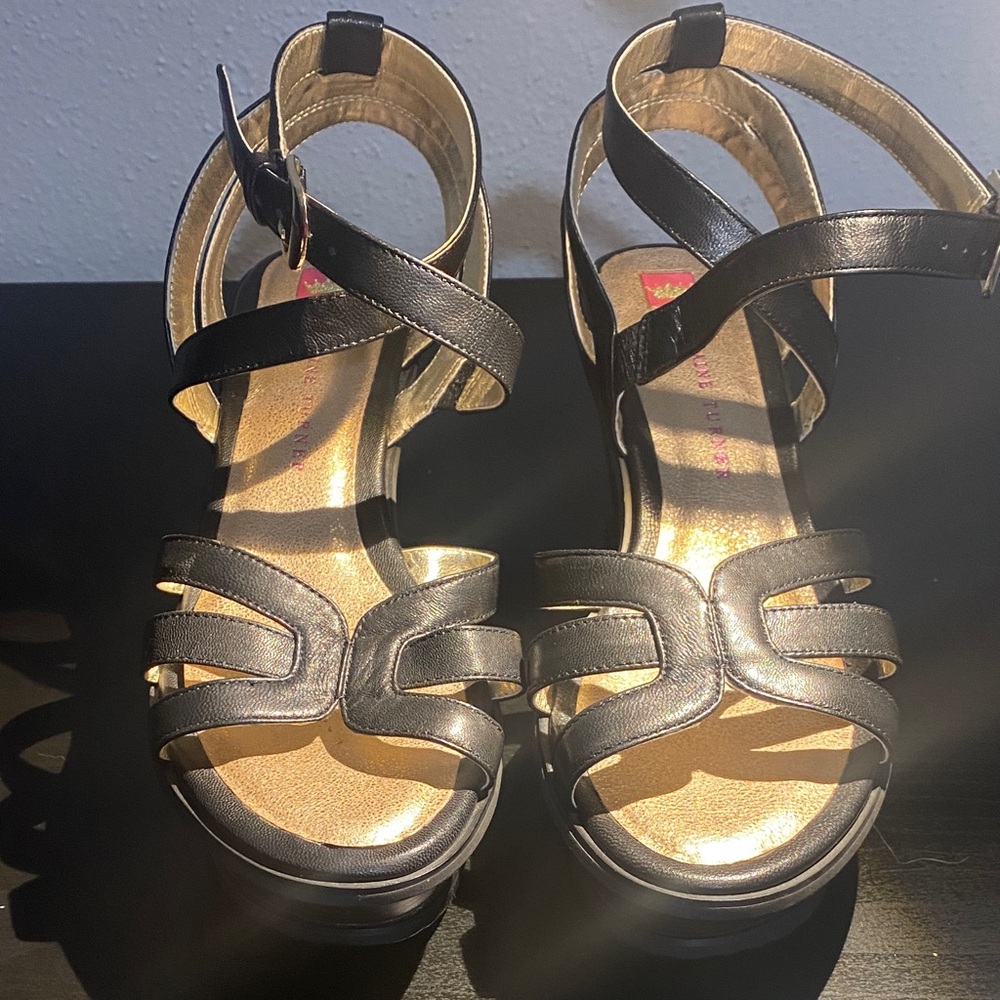 Elaine Turner Black and Gold Strappy Heels